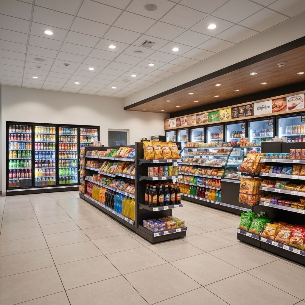 Interior of Pearl Energy convenience store and café — bright shelving with drinks, snacks and groceries