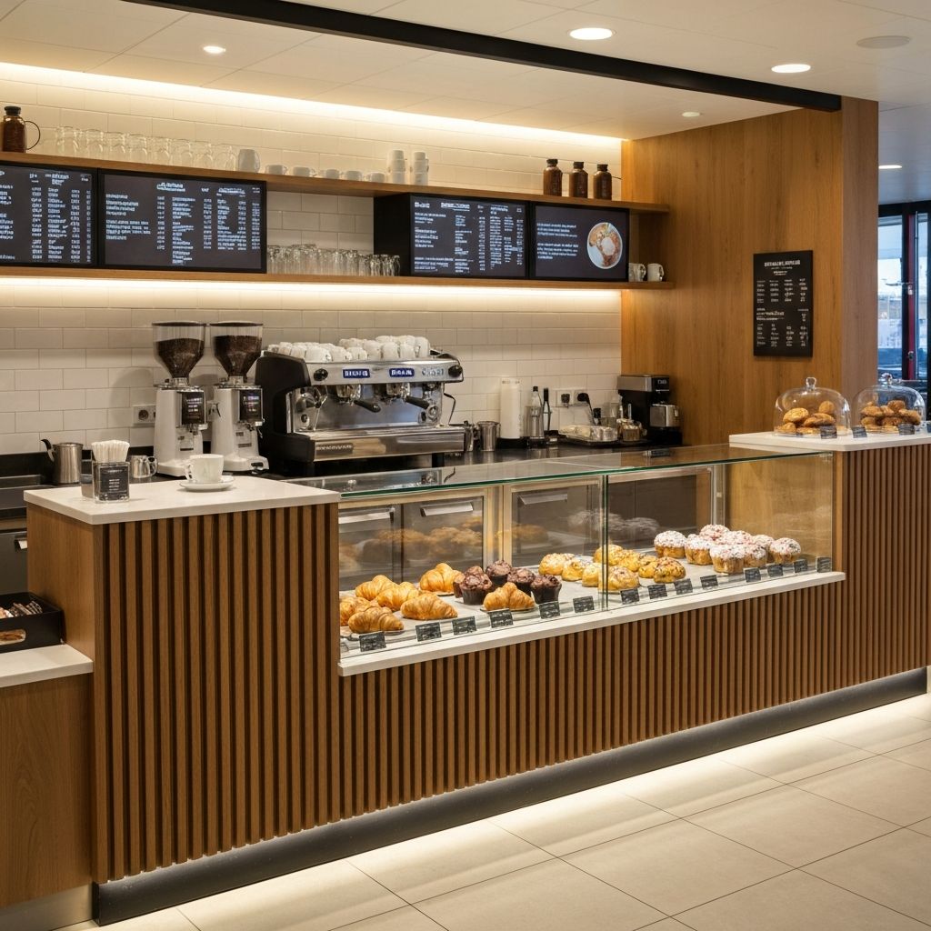 Pearl Energy on-site café with espresso machine and pastry display