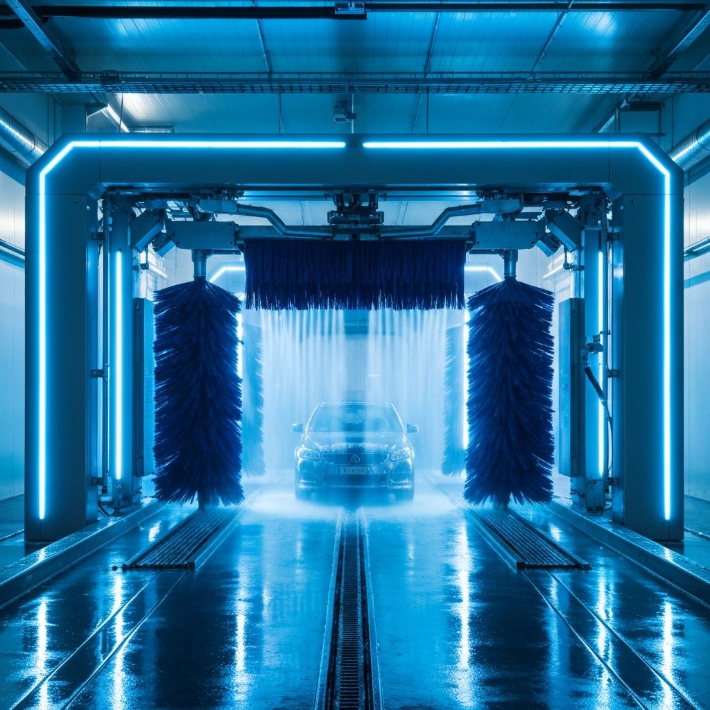Modern automated car wash tunnel with LED lighting at Pearl Energy