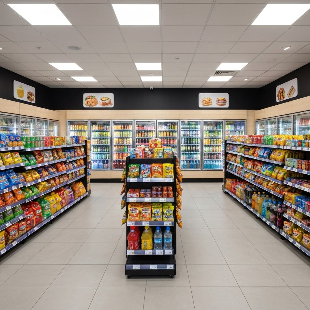 Pearl Energy convenience store interior with drinks, snacks and grocery items on shelves