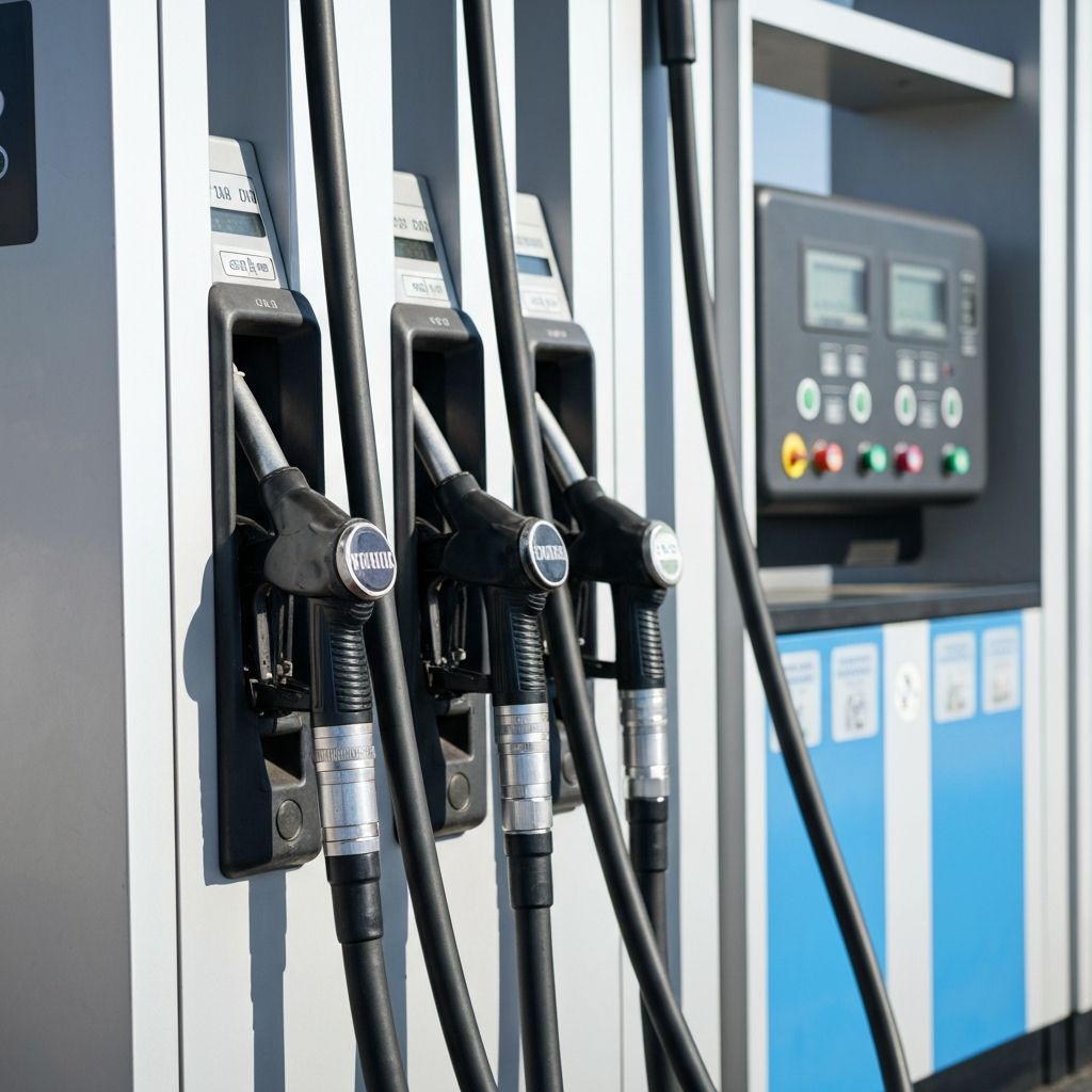 Modern fuel dispensers at Pearl Energy showing unleaded, premium and diesel nozzles