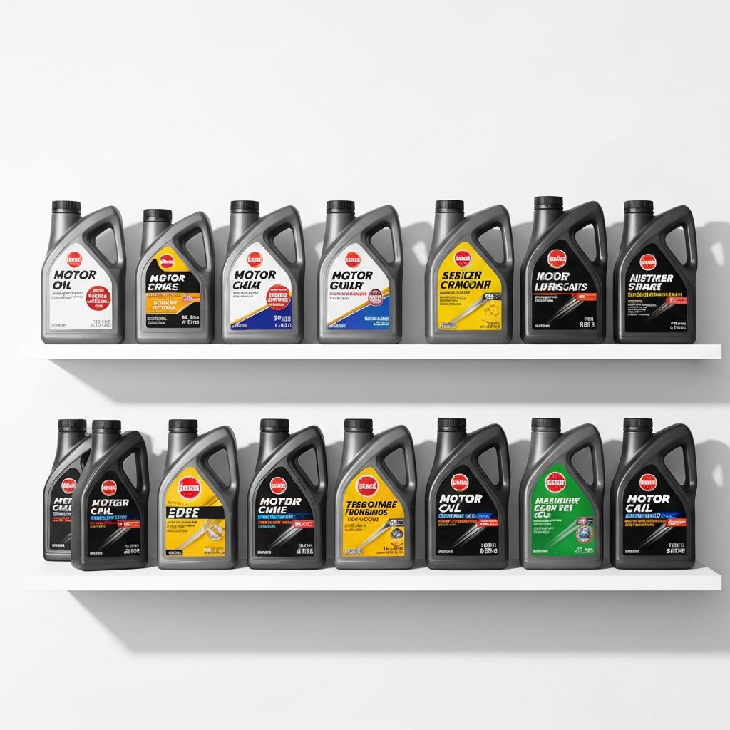 Automotive lubricants including engine oil, transmission fluid and gear oil on display shelf